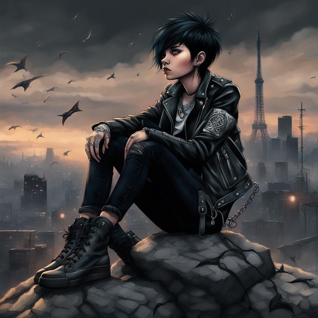 Emo-Punk Girl on Rock with Spear in Digital Painting