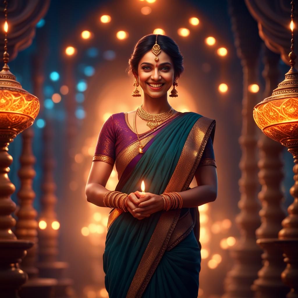 Diwali Celebration: Woman with Diyas in Artstation Style