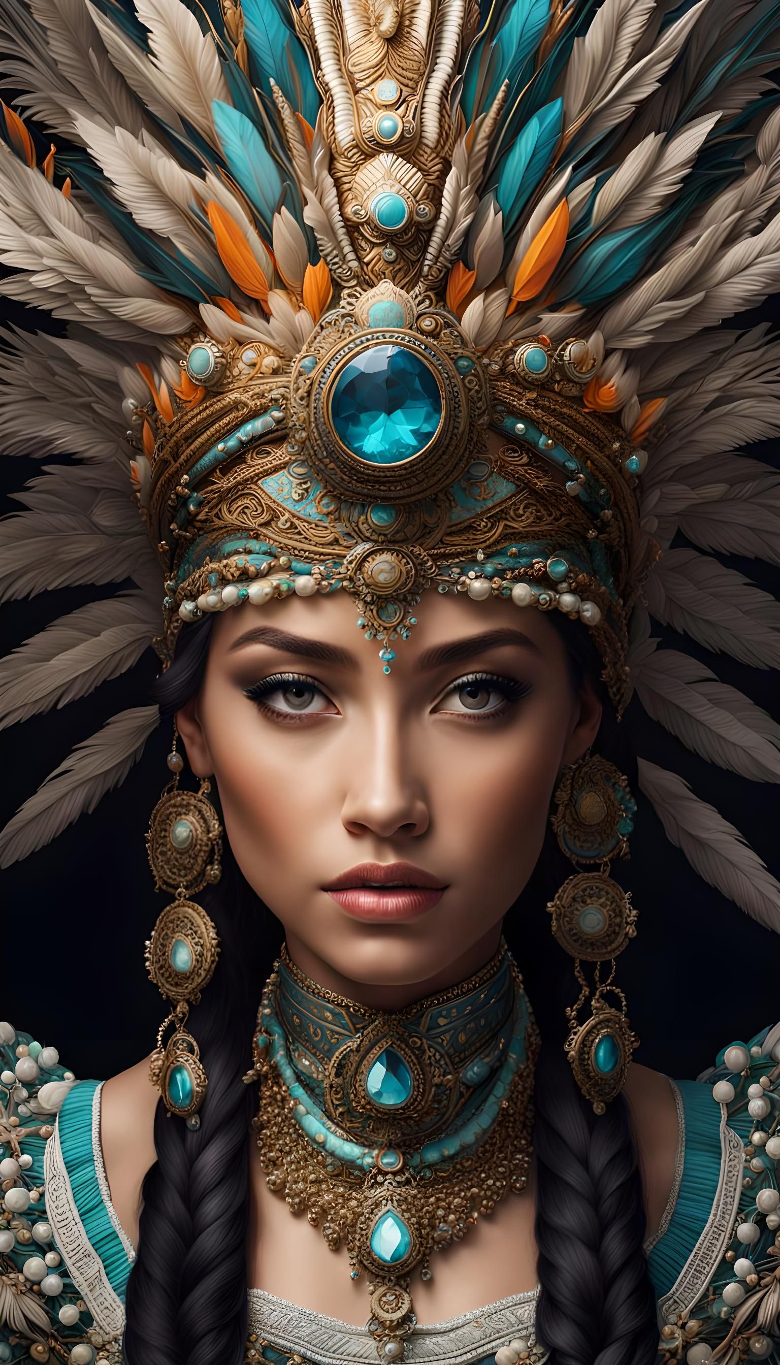 Confident Woman in Ornate Headdress: Fantasy AI Art