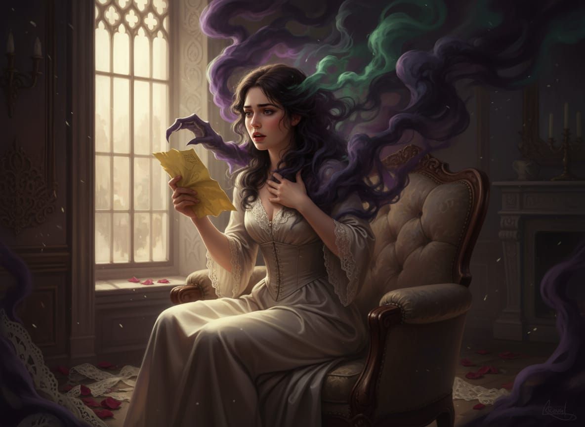 Young Woman Reading Love Letter Amidst Evil Fumes