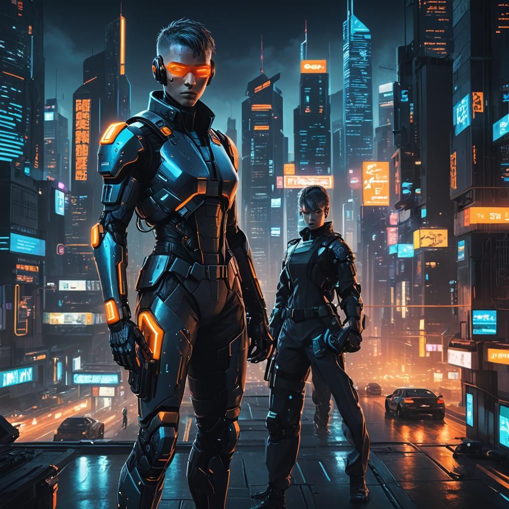 Cybernetic Agent in Neon Cityscape: Cyberpunk Concept Art