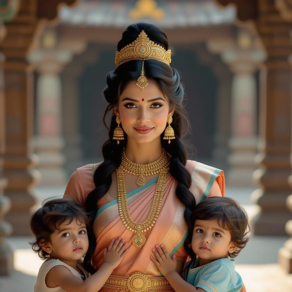 Hindu Mother Goddess Hariti With Children in Ancient Temple