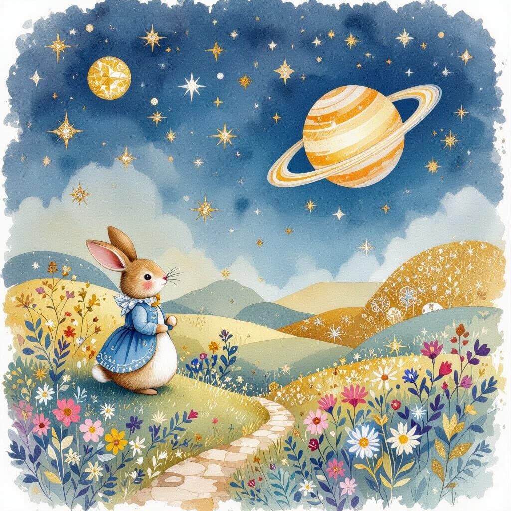 Diamond and Gold Planet in Watercolor Children's Book Style