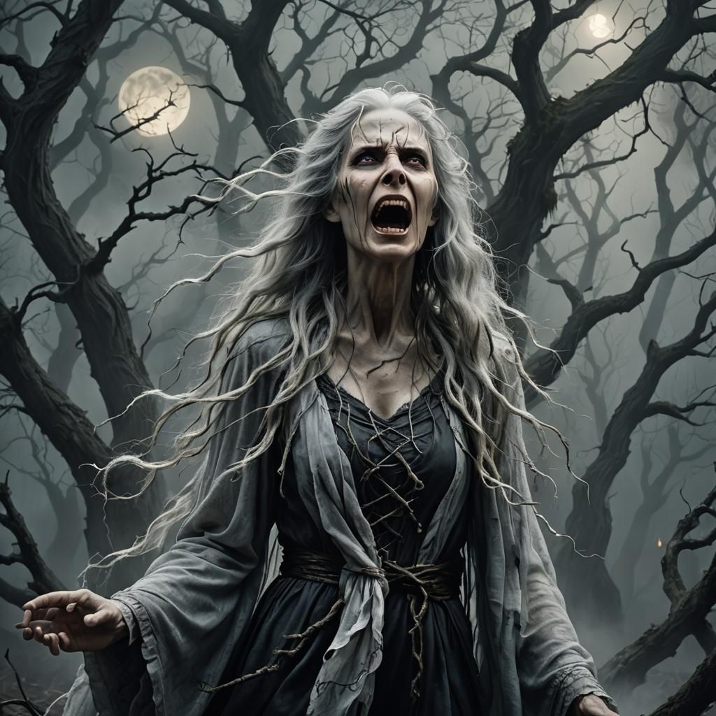Banshee Screams in Haunted Forest: Dark Fantasy Portrait
