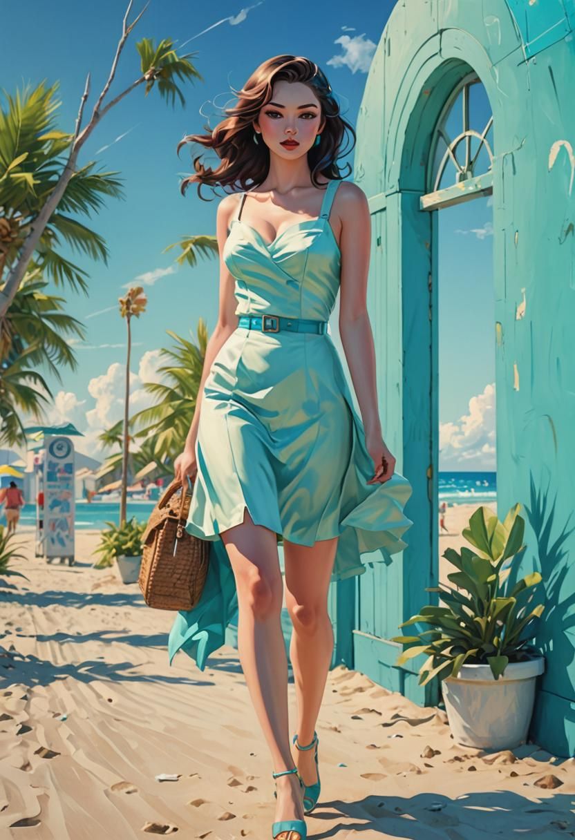 Anime Pin-Up Girl on Beach in 3D Style