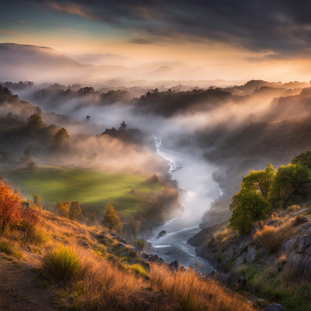 Surreal Valley Landscape with Serene River