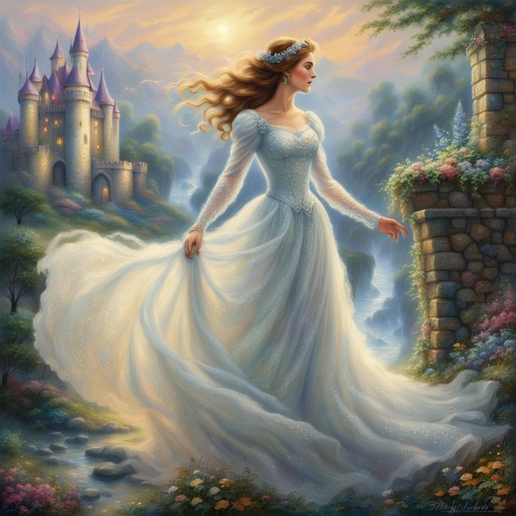 Ethereal Lady in White Dress at Castle