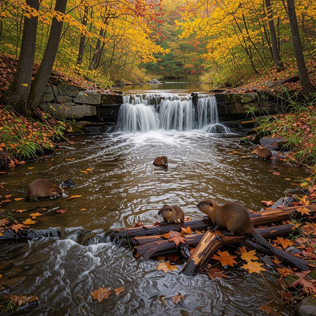 Autumn Stream With Beaver Dam and Waterfall