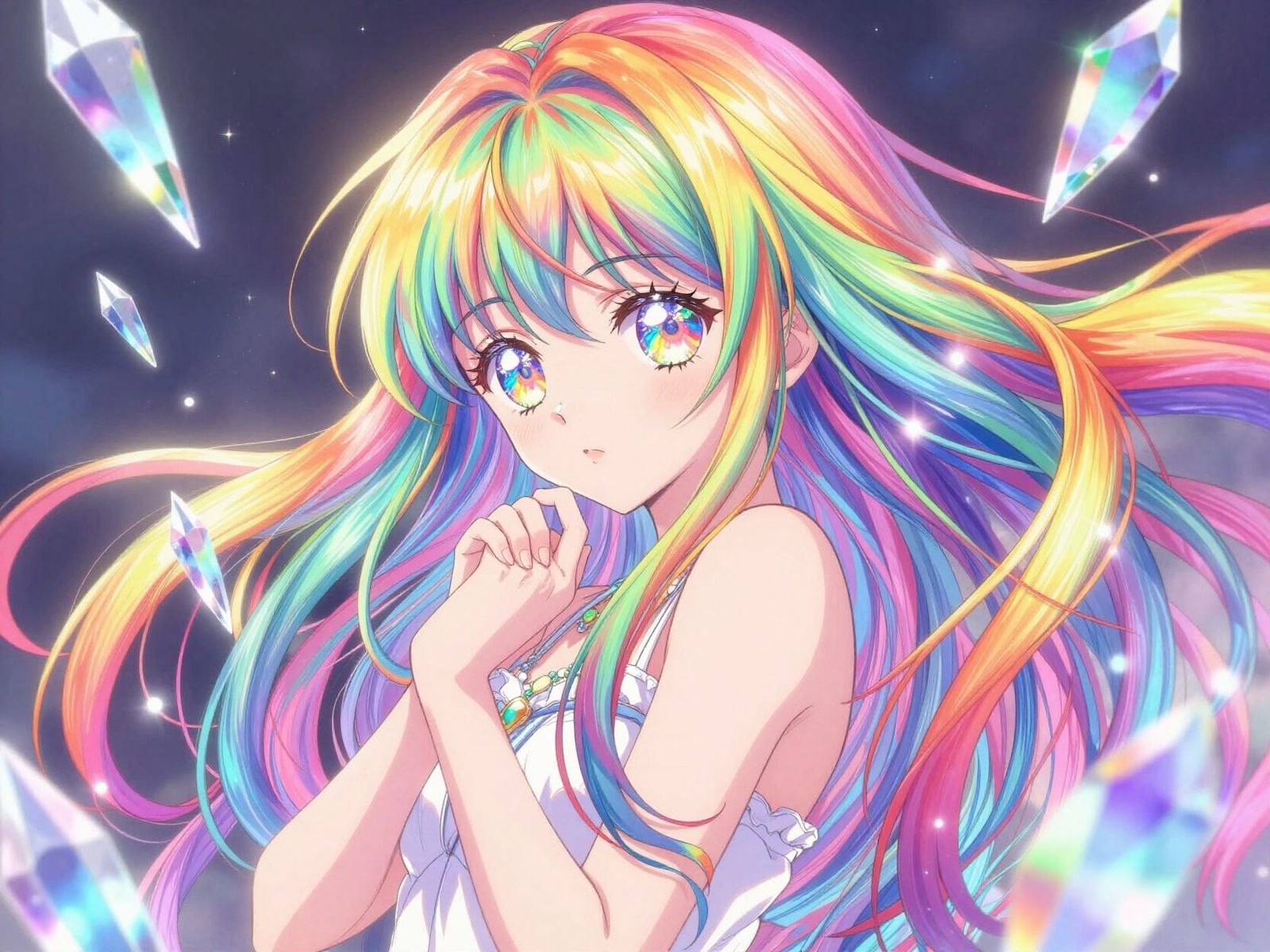 Anime Girl With Rainbow Hair in Prism Light