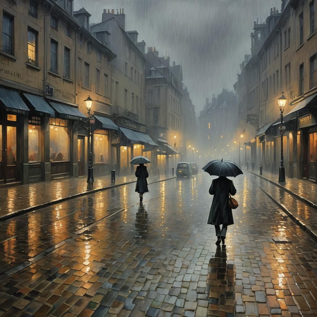 Rainy Cobblestone Street in Neo-Impressionist Style