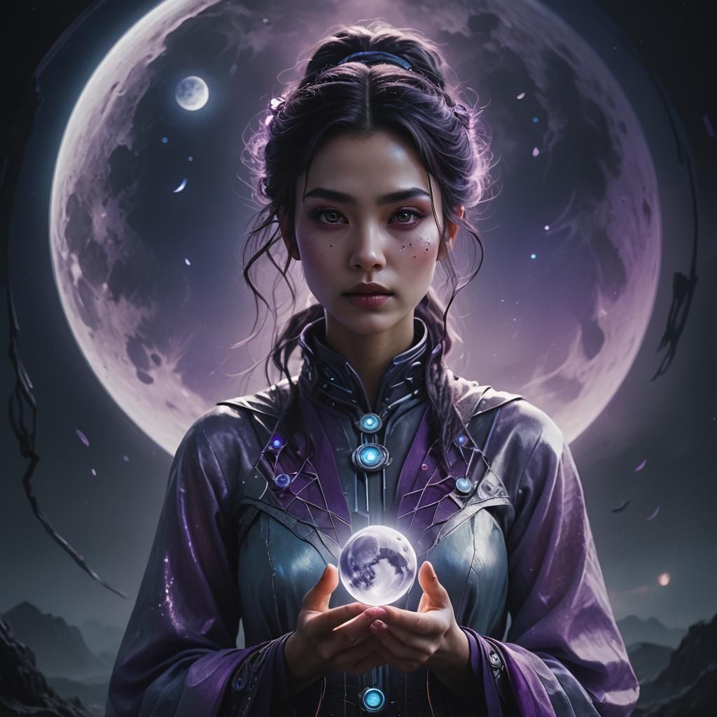 Ethereal Woman with Glowing Moon, Digital Art