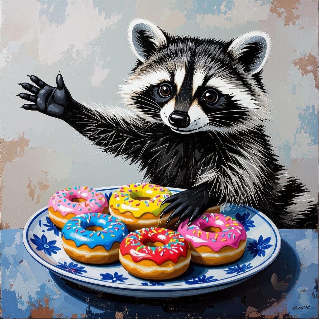 Raccoon Reaches for Colorful Donuts in Impasto Painting