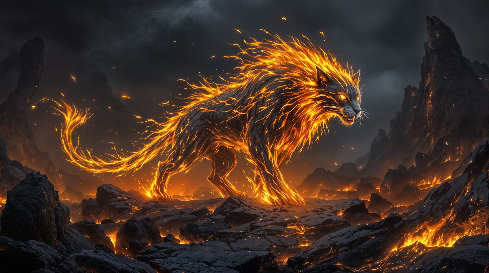 Hyperrealistic Fantasy Lynx Amidst Volcanic Ember Landscape