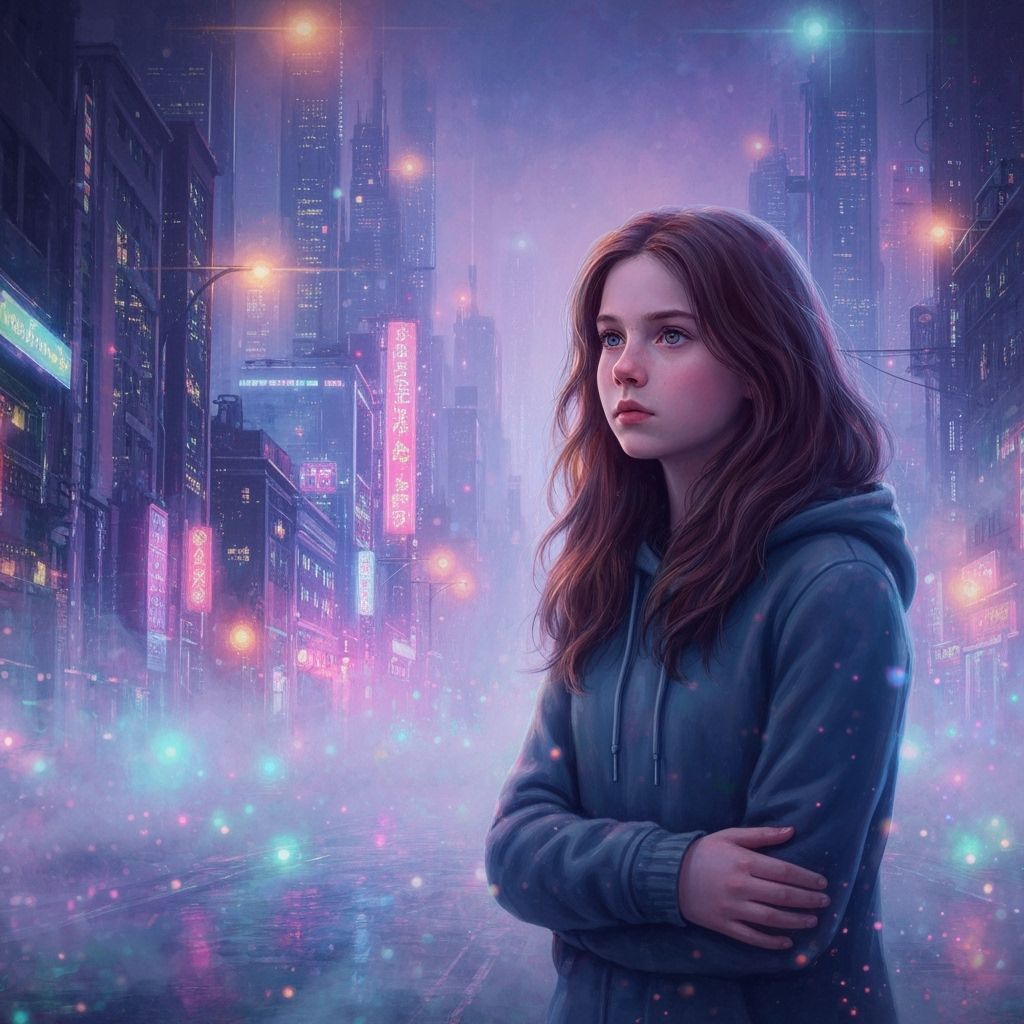 Ethereal Girl in Flowing Dress in Futuristic Cityscape