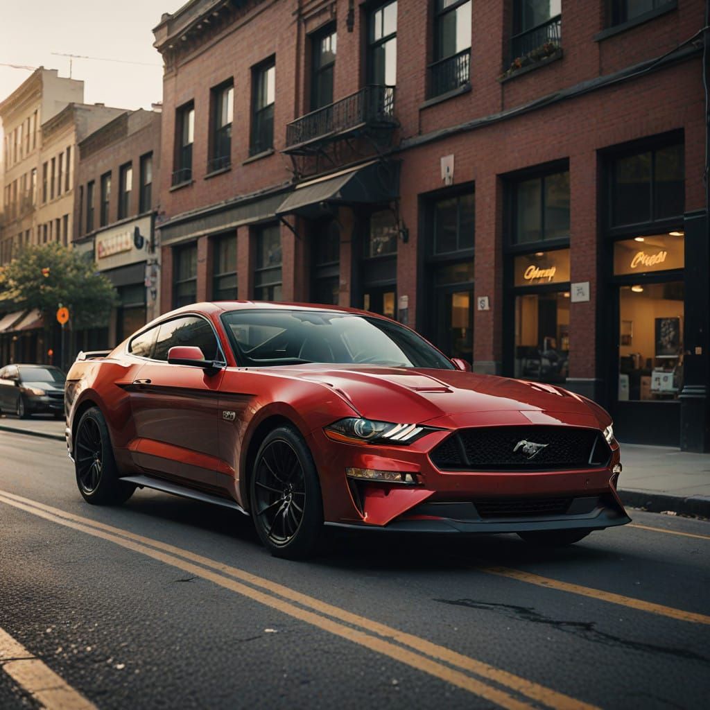 Sleek Metallic Red Ford Mustang in Urban Setting