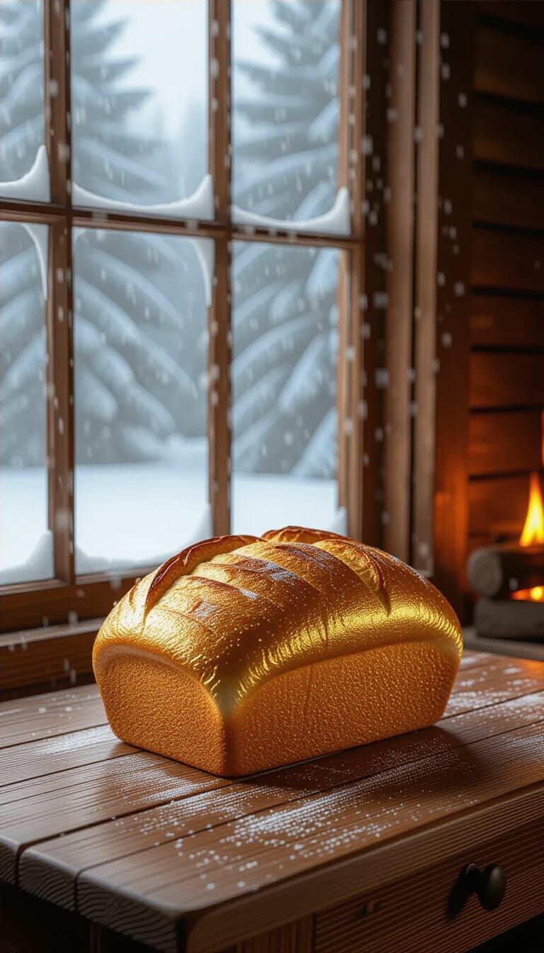 Golden Bread Loaf in Cozy Cottage with Winter Storm