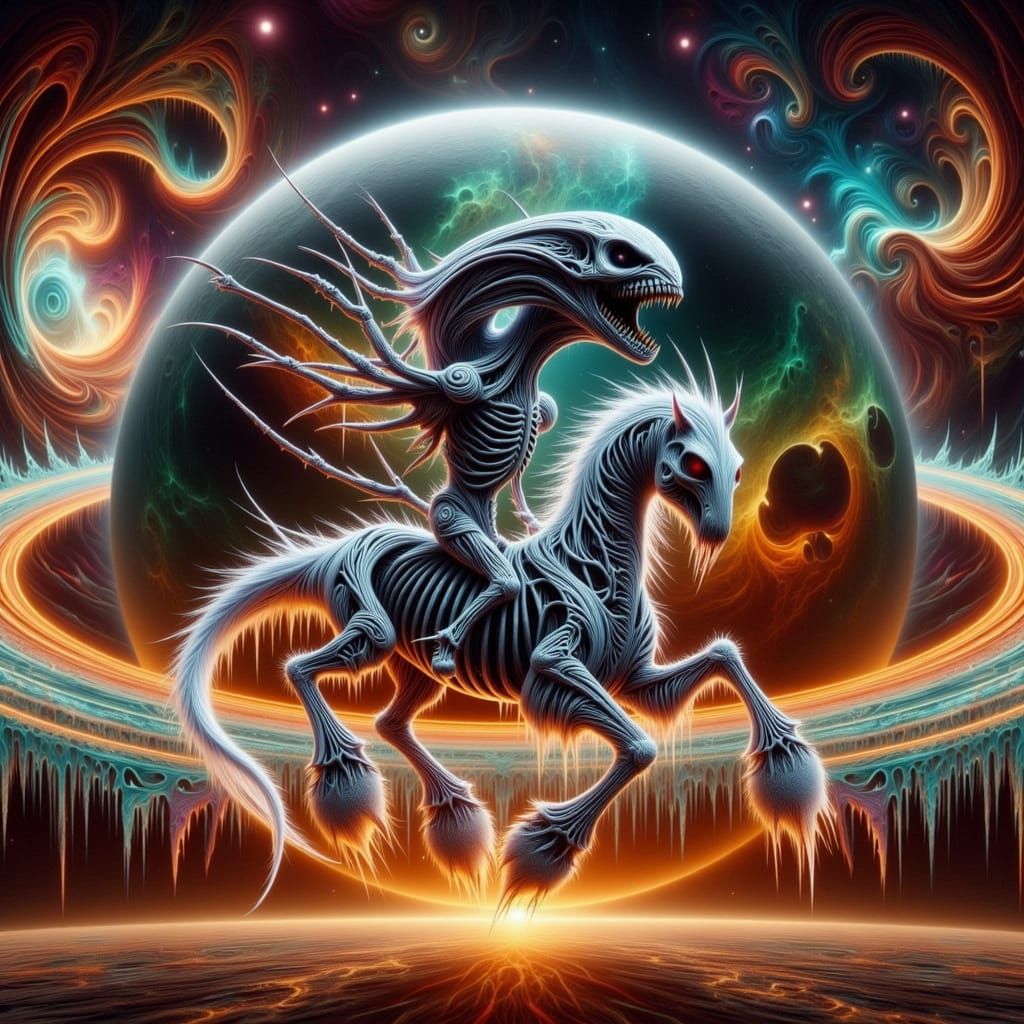 Surreal Aliens Ride Prancing Skeleton Horse Amidst Burning G...