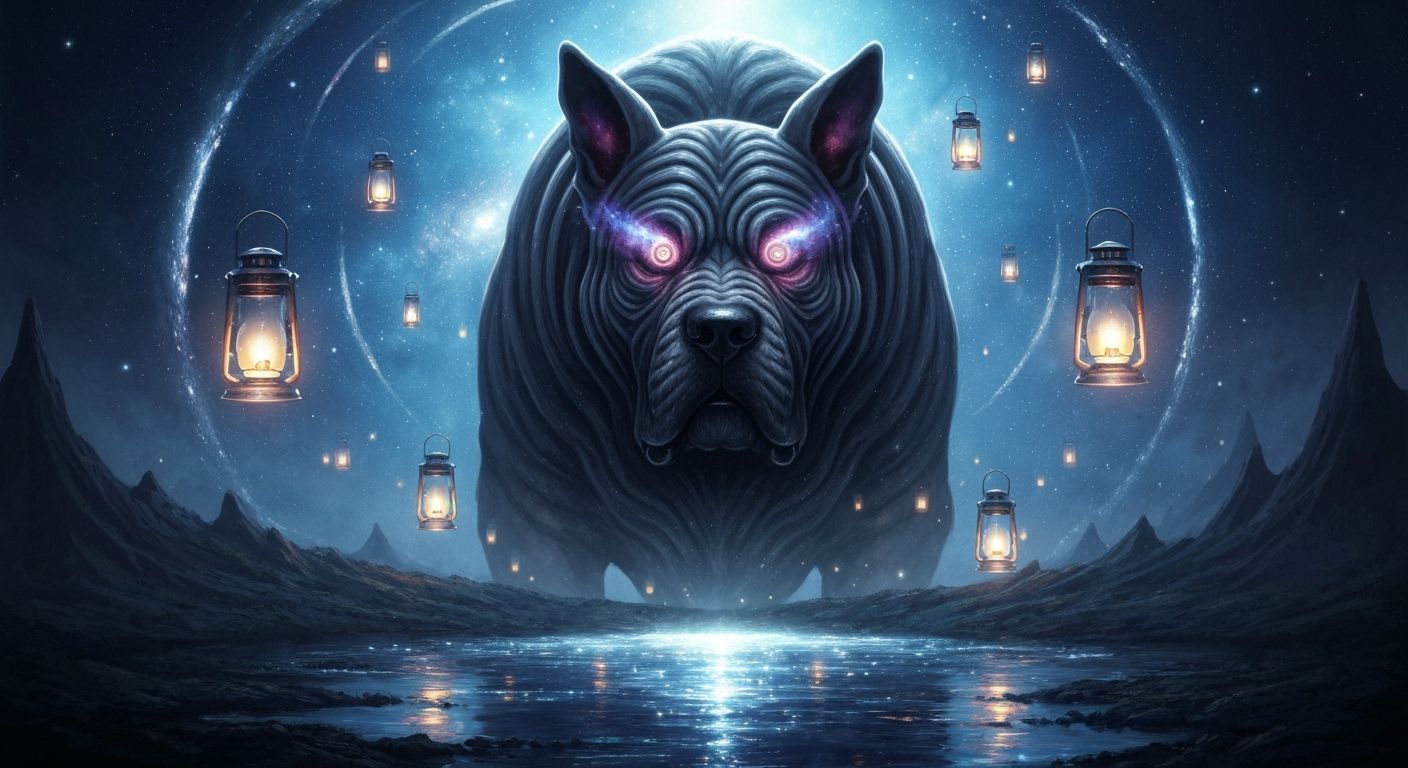 Cosmic Mastiff Guarding Galactic Pond in Biomechanical Style