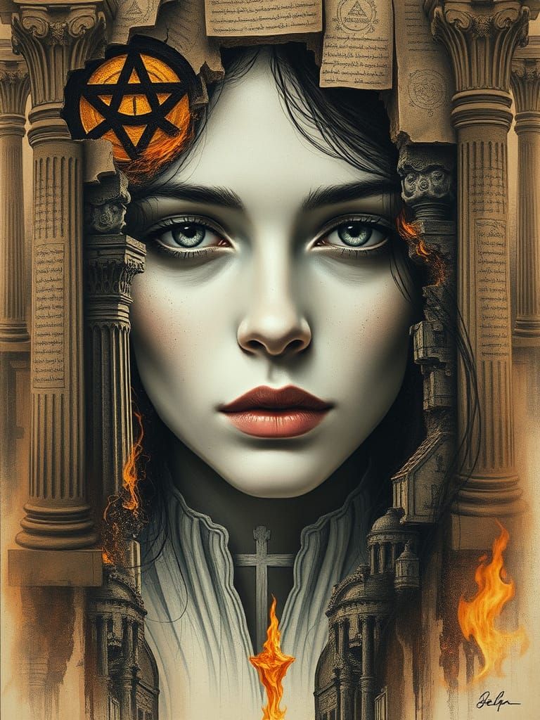 Ethereal Woman of Ancient Wisdom in Charcoal Drawing