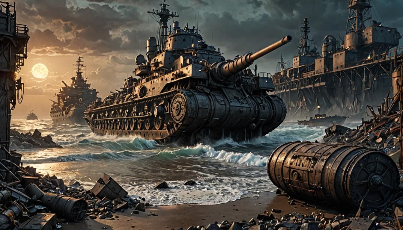 Dieselpunk Battleship in Ruined Industrial Port