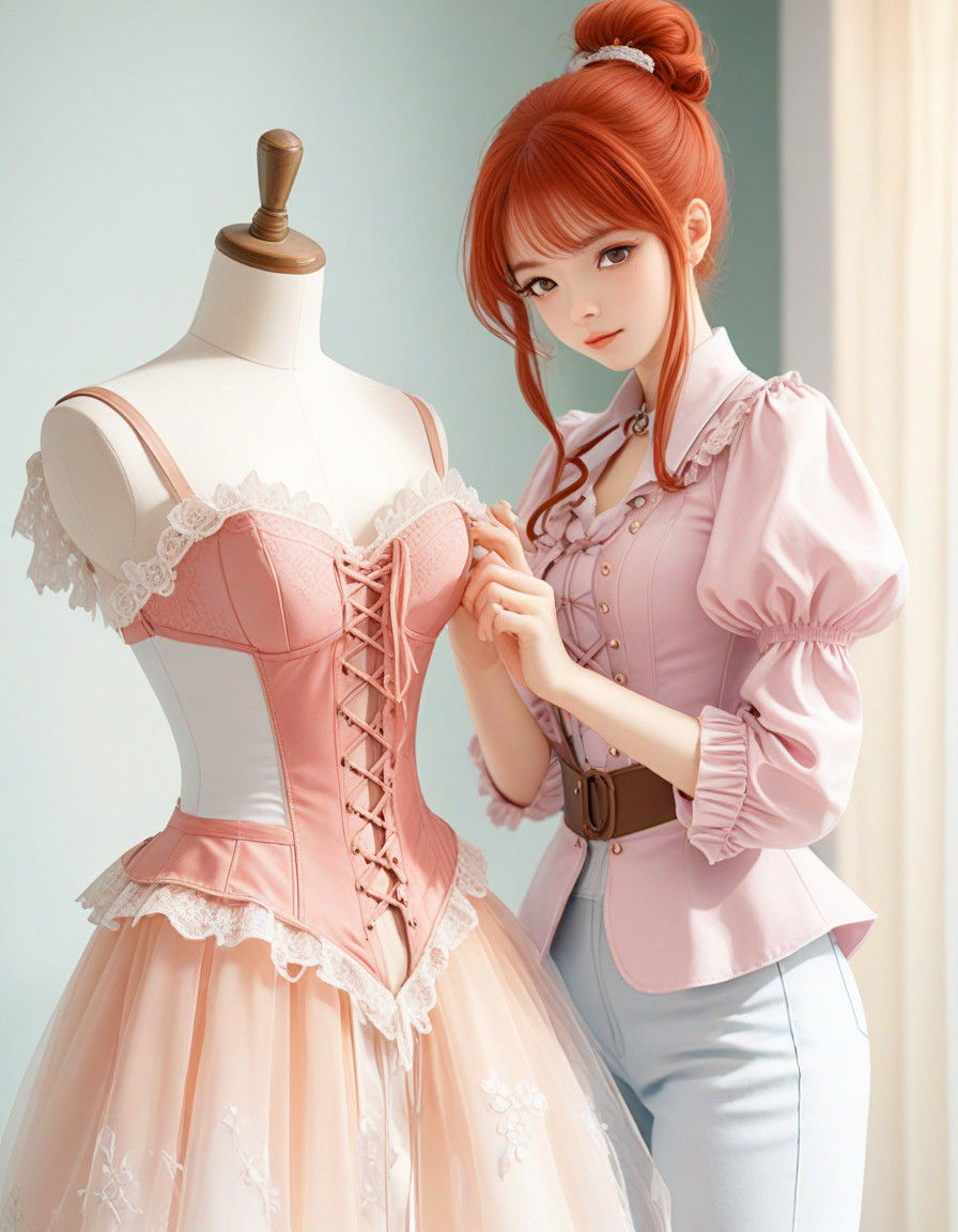Adorable Anime Maiden Embroiders Delicate Dress in Soft Past...