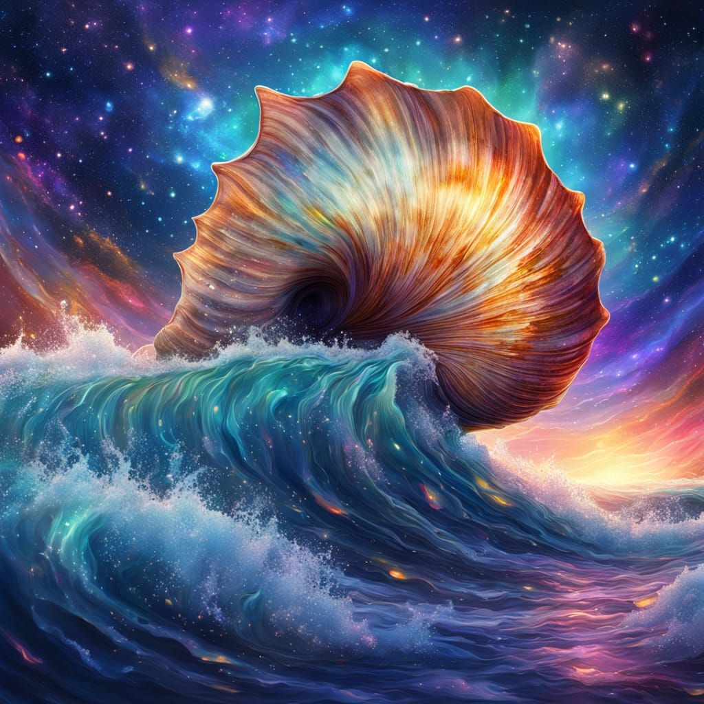 Surreal Cosmic Seashell in Vibrant Iridescent Textures