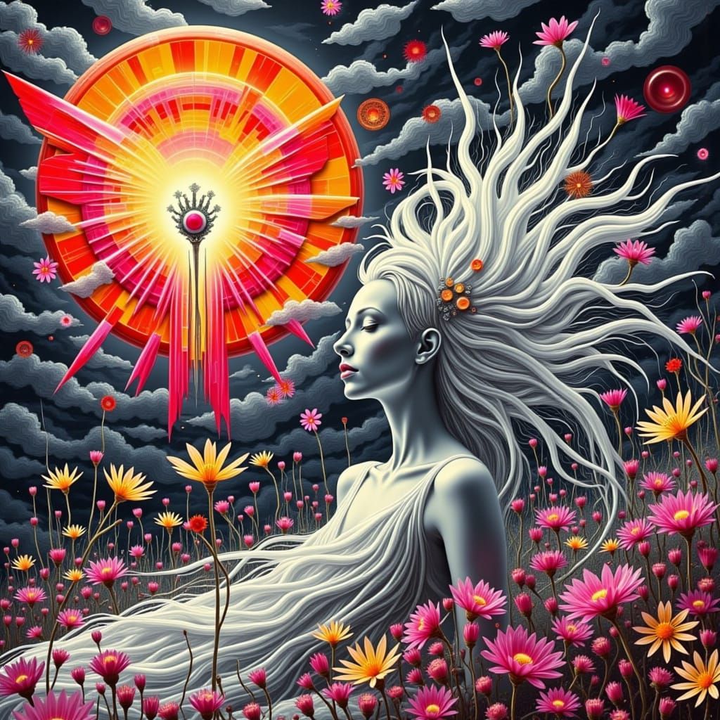 Surrealist Dreamscape with White-Haired Fairy-Like Woman and...