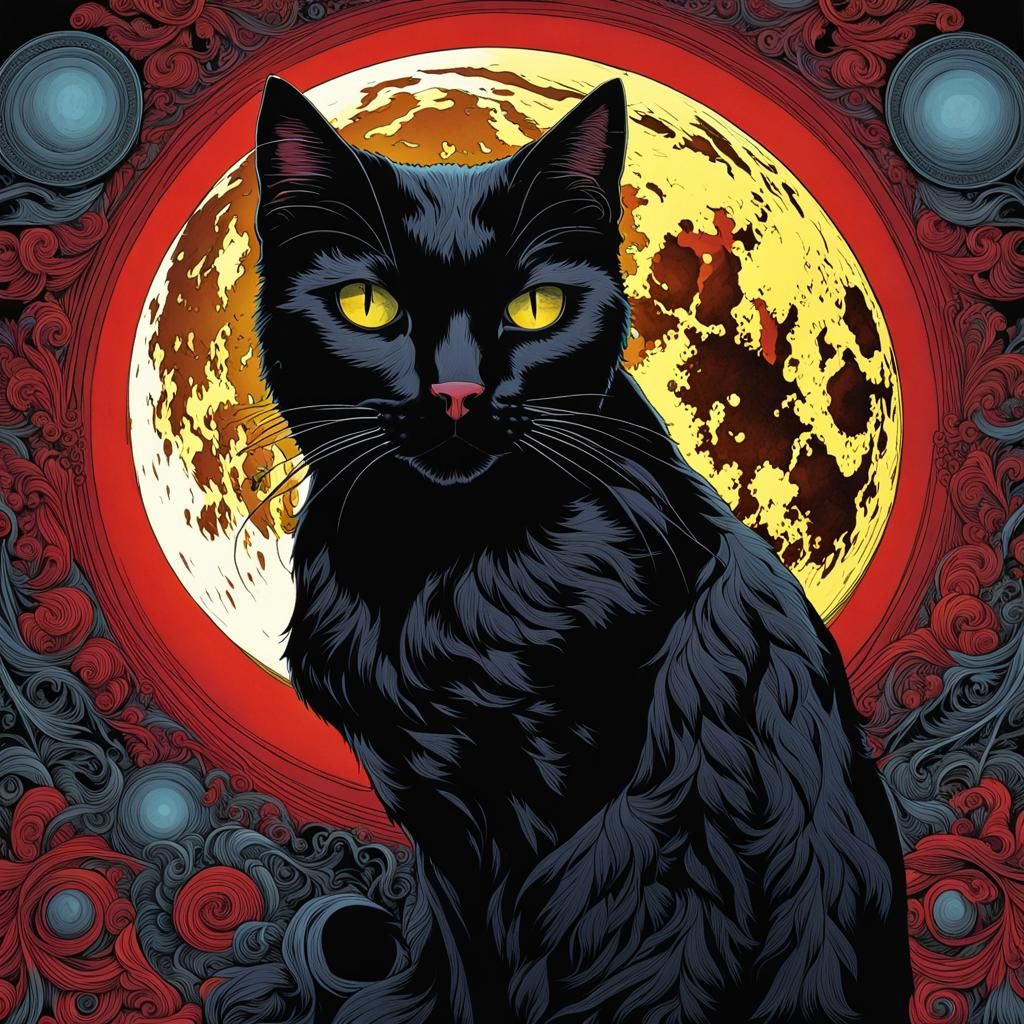 Black Cat Moonlit Portrait in Graphic Novel Style