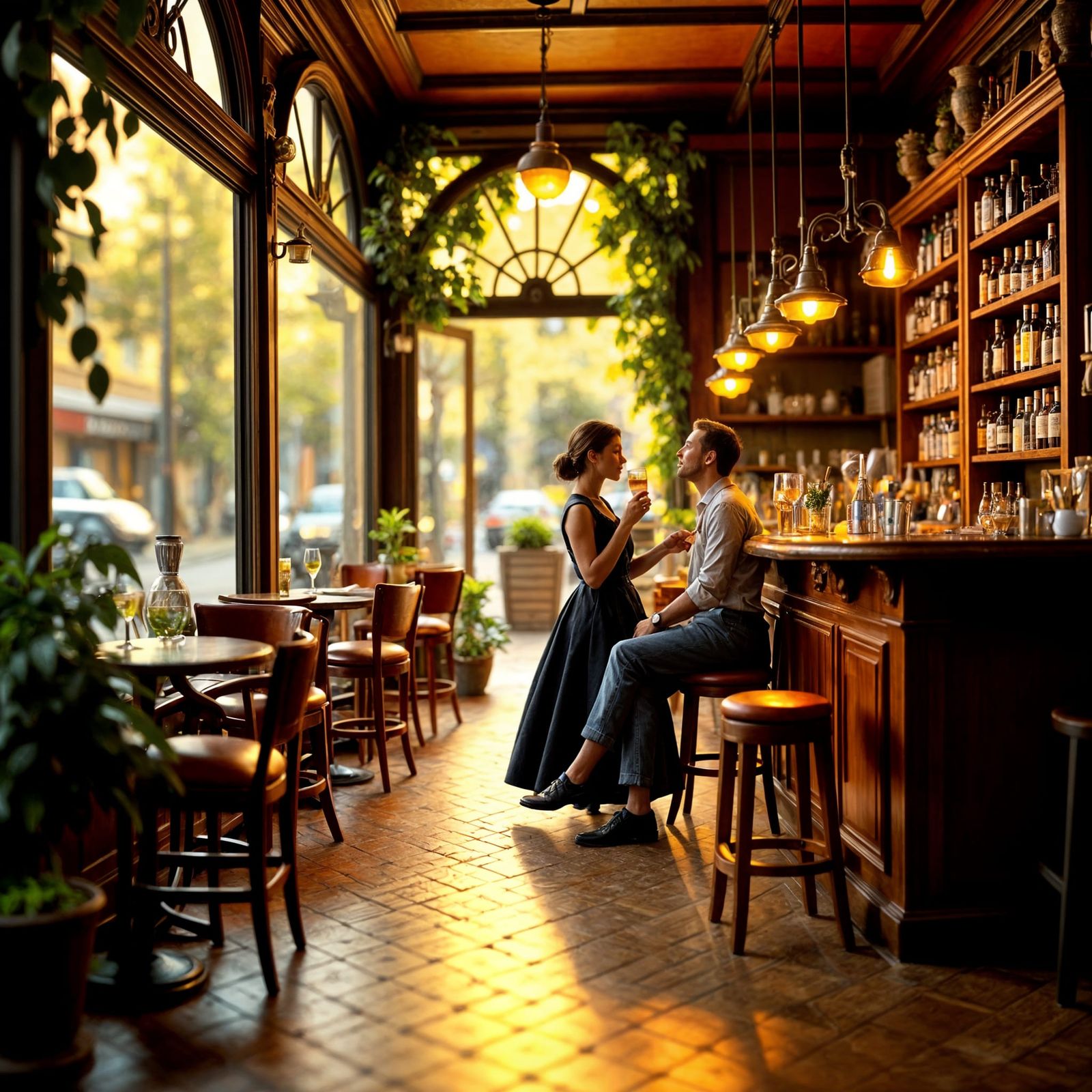 Inside a French Cafe with Patrons at the Bar