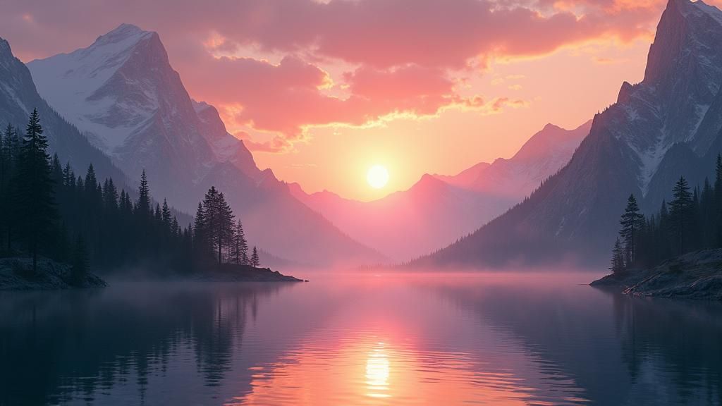 Ethereal Mountain Lake Scene with Wildlife