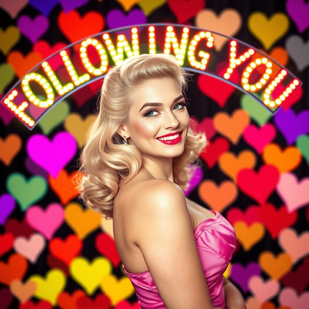 Vintage Pin-Up Girl with Rainbow LED Banner and Heart Backgr...