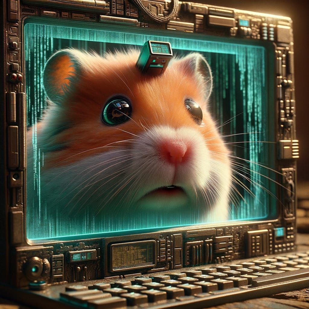 Matrix Hamster Peeks Out From Monitor in Retrofuturist Art