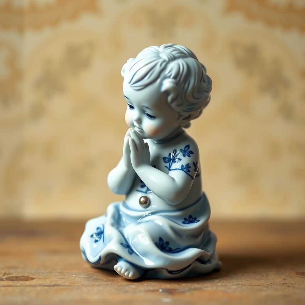 A blue Dutch Delftware Ceramic Praying Child Figurine,