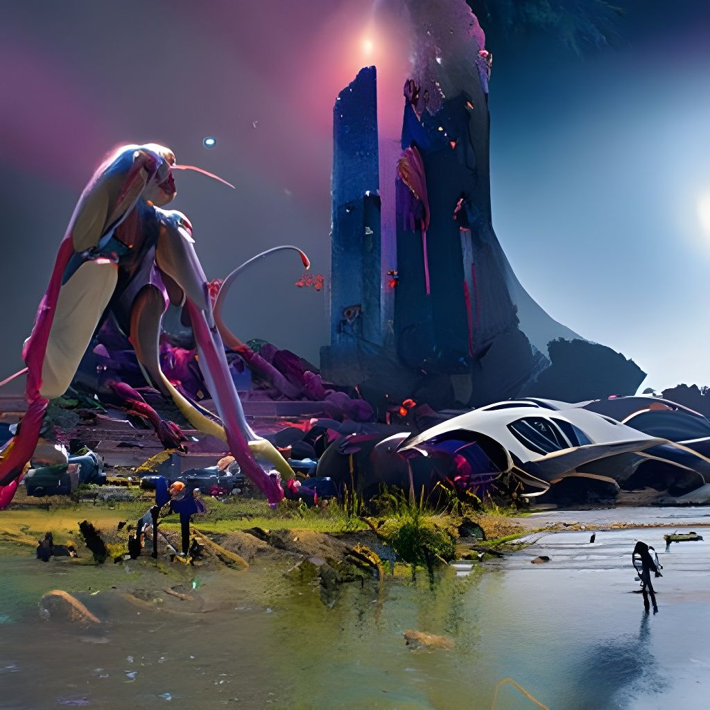 Fantasy Alien Landscape with Reptilian Humanoids