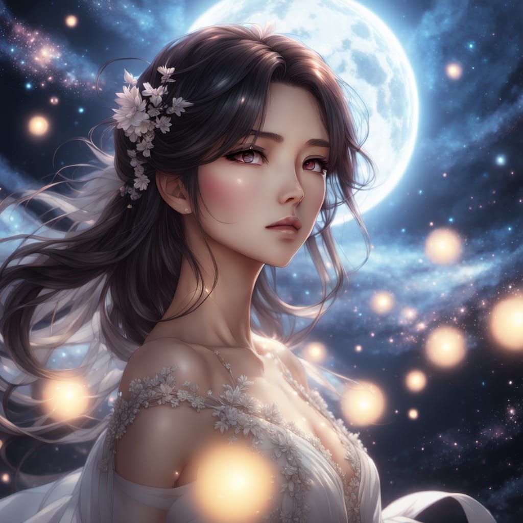 Ethereal Anime Goddess in Cosmic White Gown