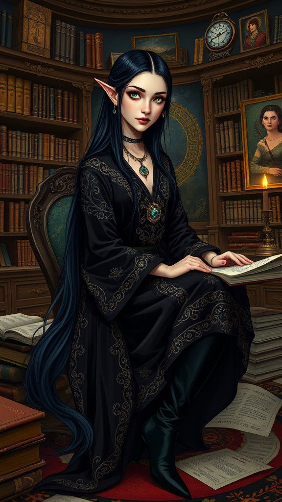 Elegant High Elf Professor in Beksiński-Inspired Office