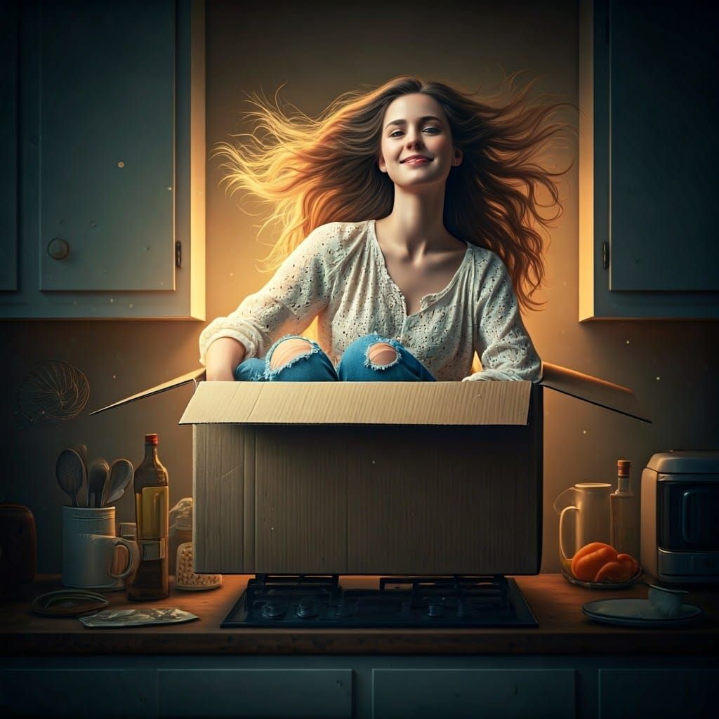 Dreamlike Cardboard Box Scene in Surreal Style