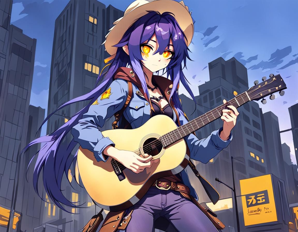 Anime Cowgirl Plays Guitar in Cityscape
