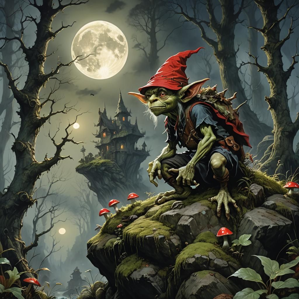Goblin Redcap in Mystical Moonlight Forest