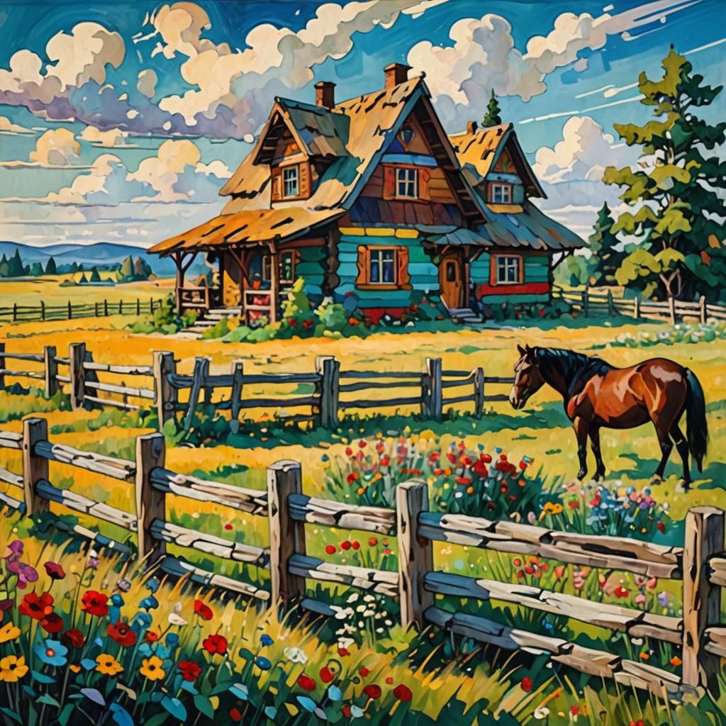 Prairie Cottage with Horse, in Abstract Style