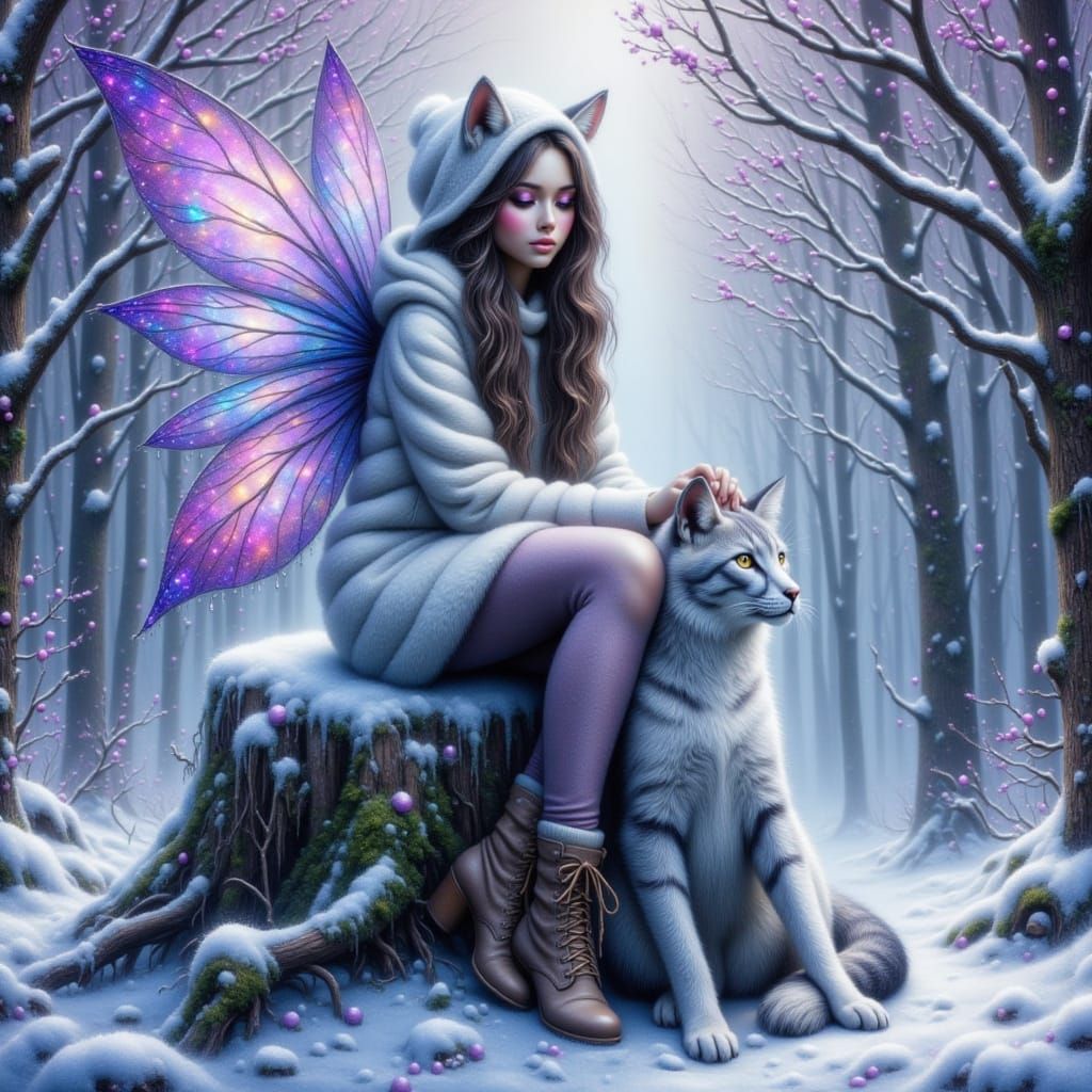 Snow Fairy and Wildcat in Serene Winter Forest