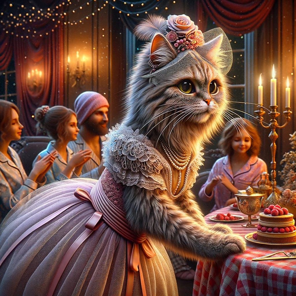 Anthropomorphic Cat in Tutu at Pajama Party