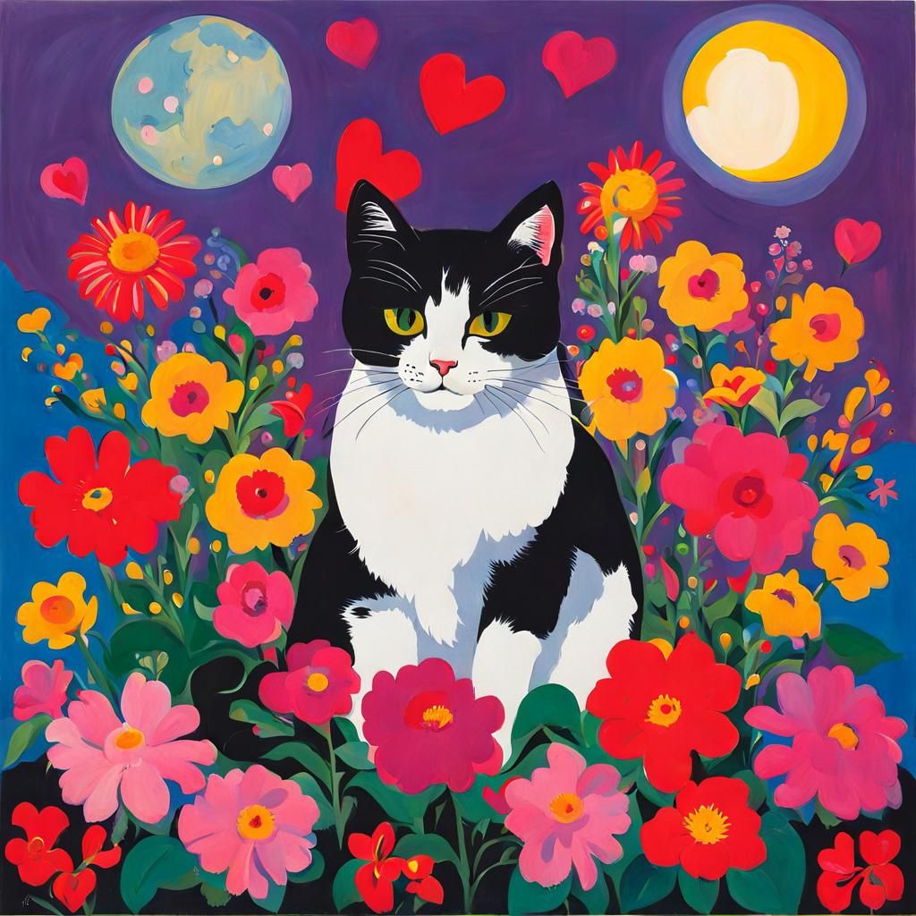 Expressive Painting of a Cat with Flowers