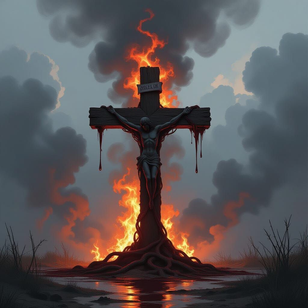 Dark Fantasy Bonfire with Spectral Faces and Veined Cross