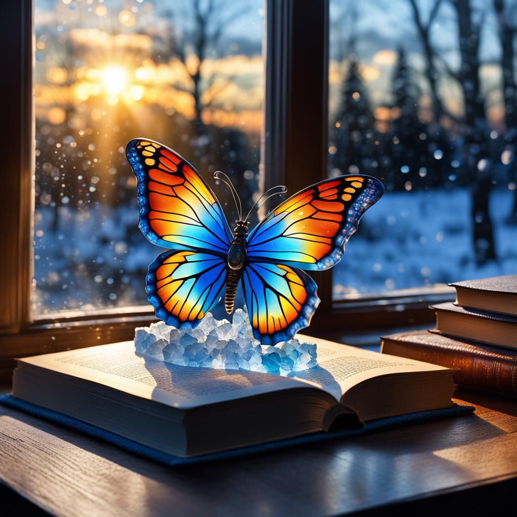 Butterfly Figurine on Crystal Snowflake in Library