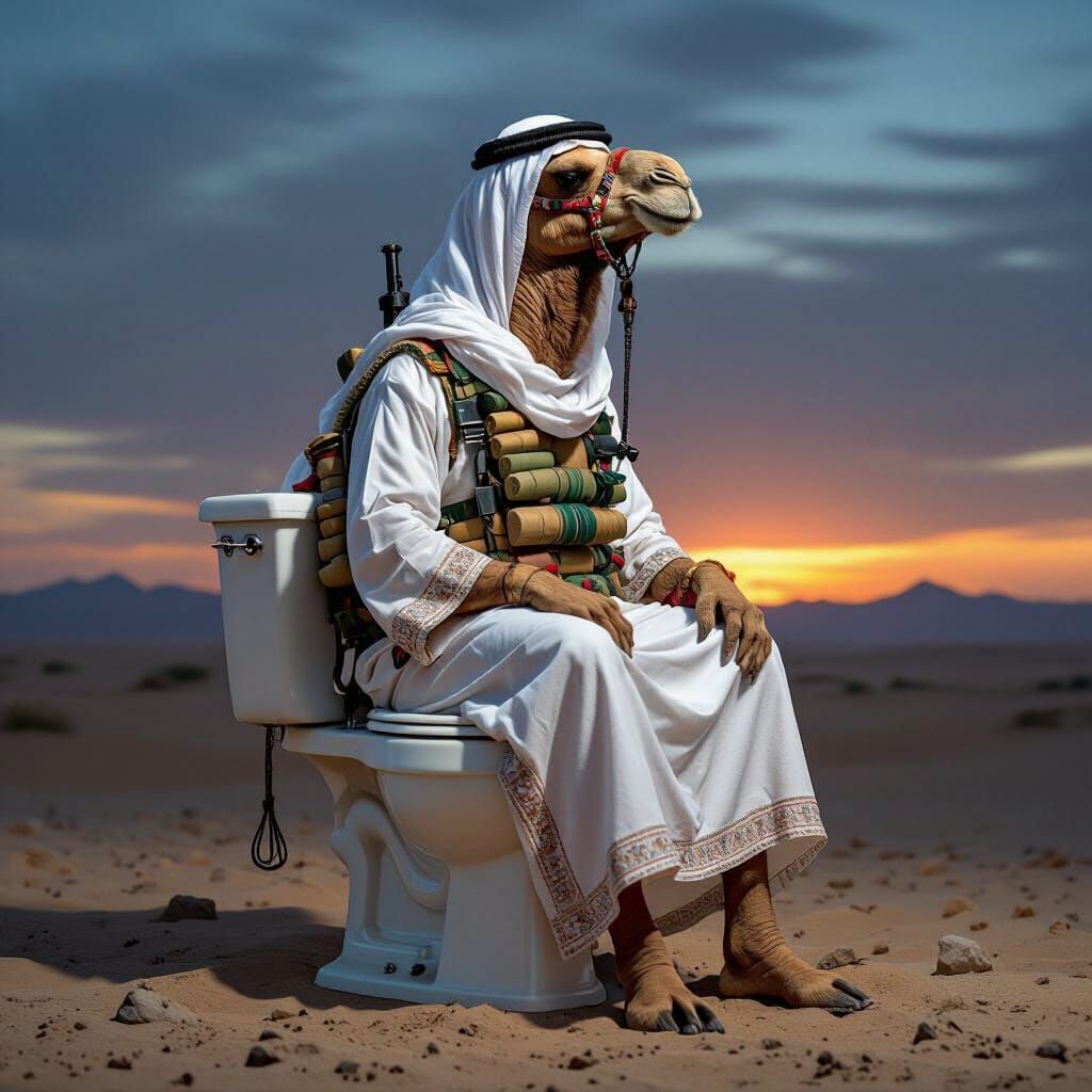 Camel in Arabic Attire on Toilet with Bomb