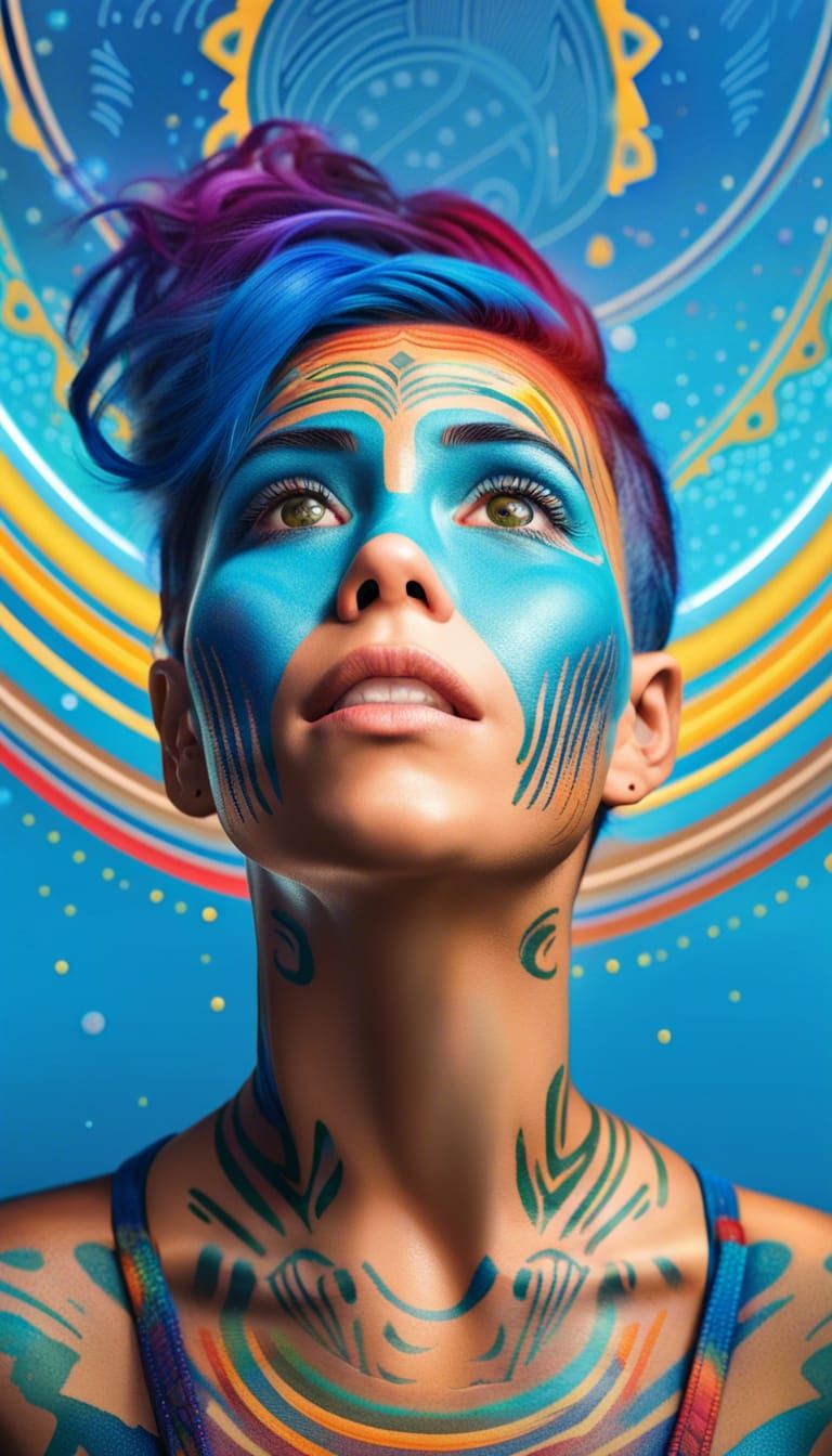 Blue-Haired Woman with Mandala Art, Hyperrealistic Portrait