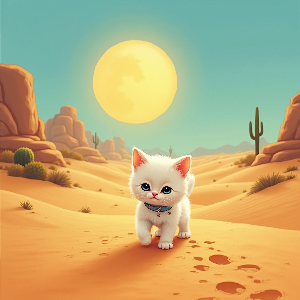 Kitten's Desert Journey in Dreamy Watercolor Style