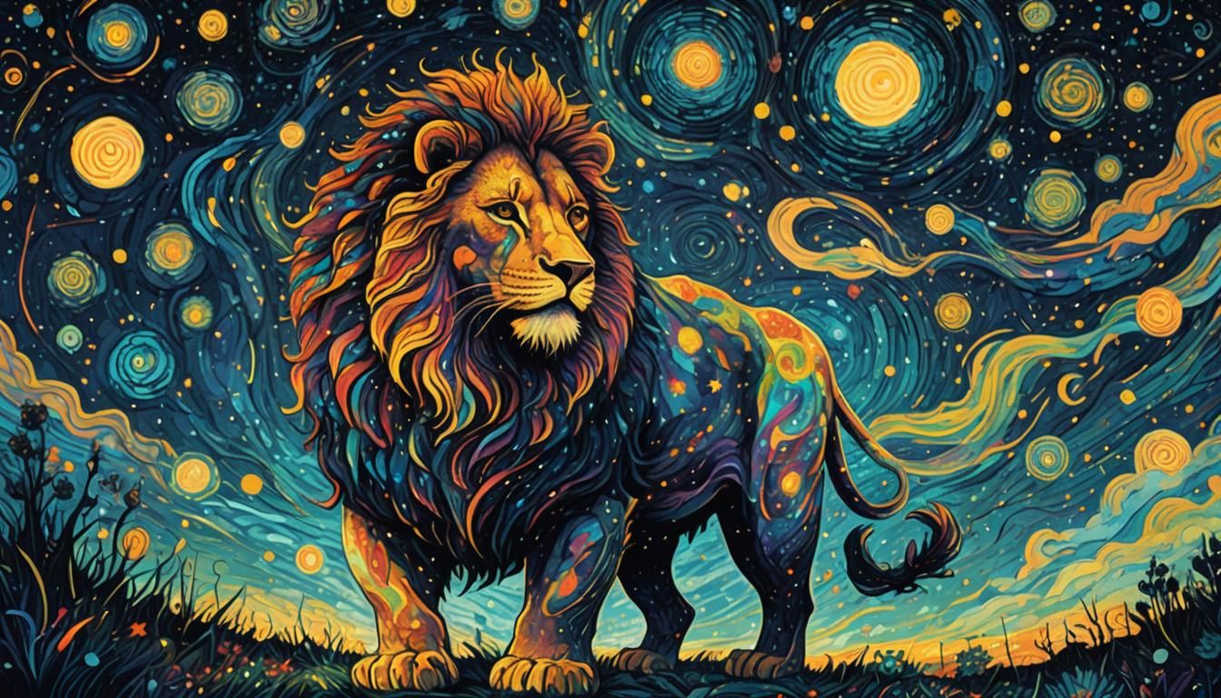 Cosmic Lion Illustration in Psychedelic Style