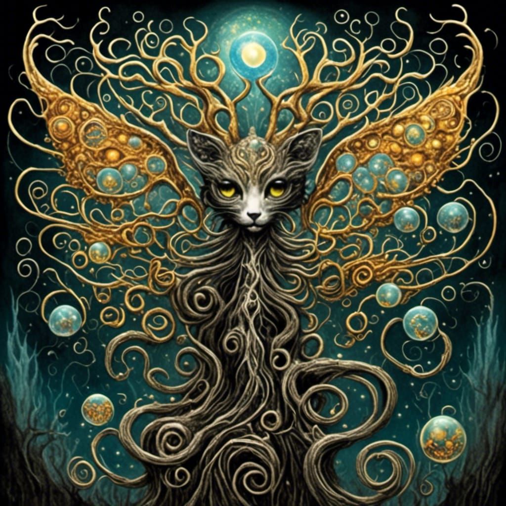 Winged Cat in Ancient Forest: Surreal Oil Painting